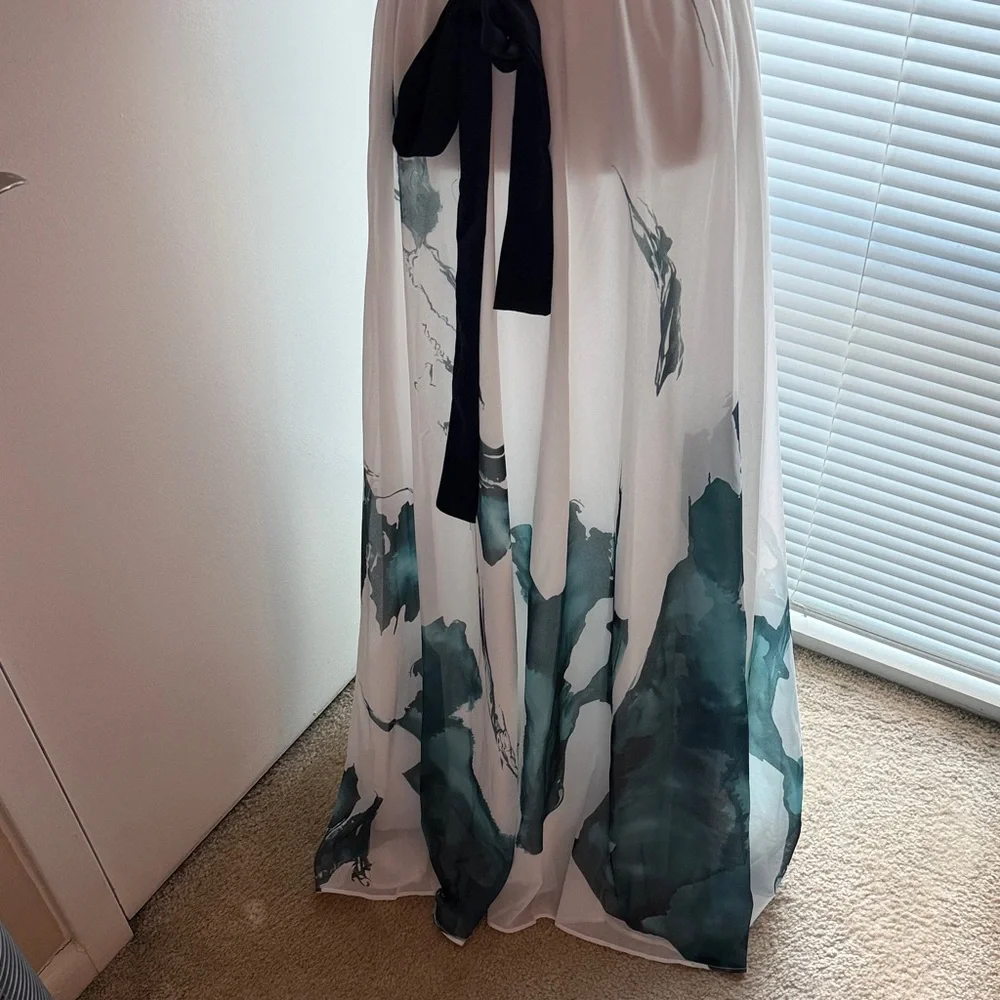 White Maxi Dress with Green Brushstroke Print and Black Tie